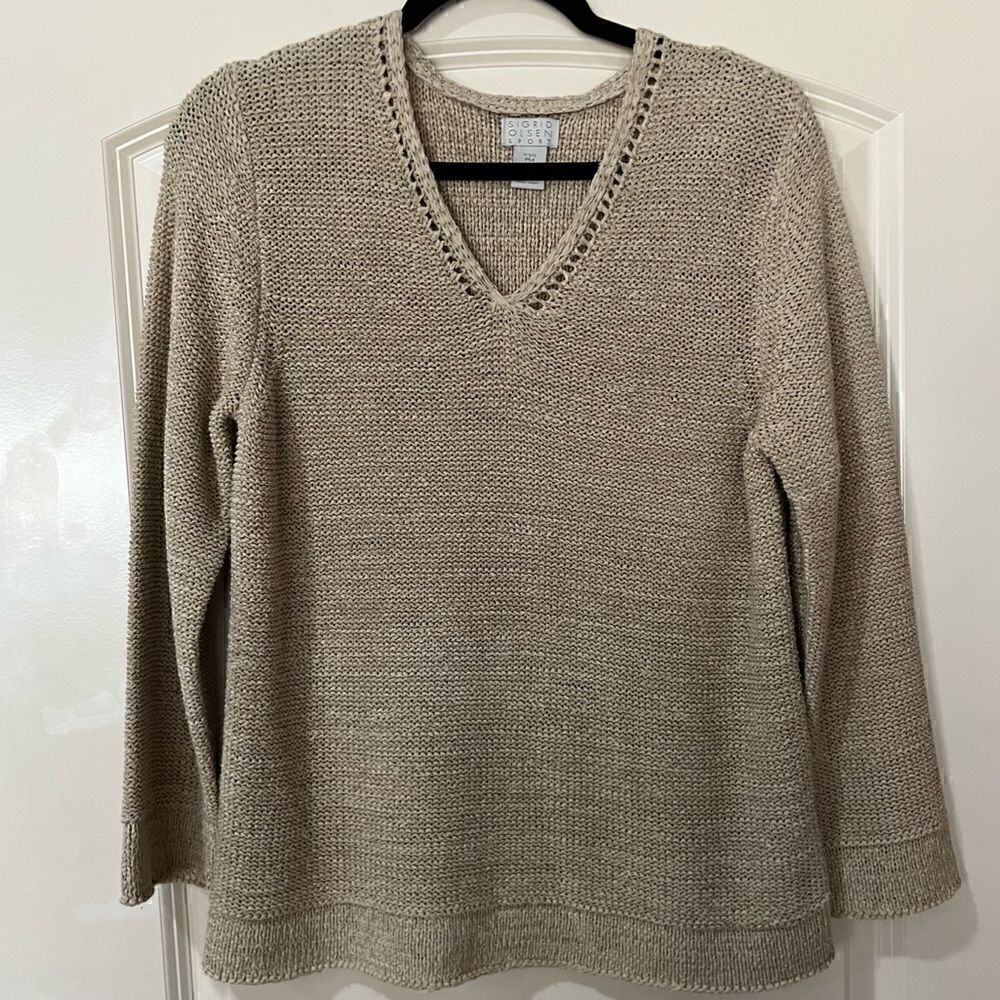 SIGRID OLSEN SPORT Long Sleeve V-neck Sweater Beige Women’s Size Petite Medium